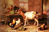 Goat and chickens feeding in a cottage interior by Edgar Hunt